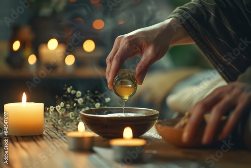 Person Mixing Essential Oils in a Rustic Setting During the Evening
