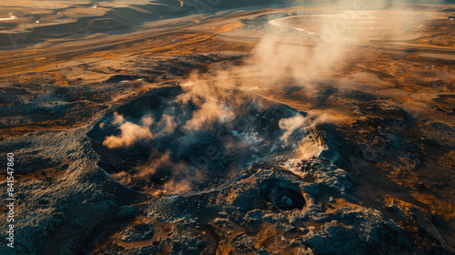 Aerial view of geothermal area with steaming craters at sunset