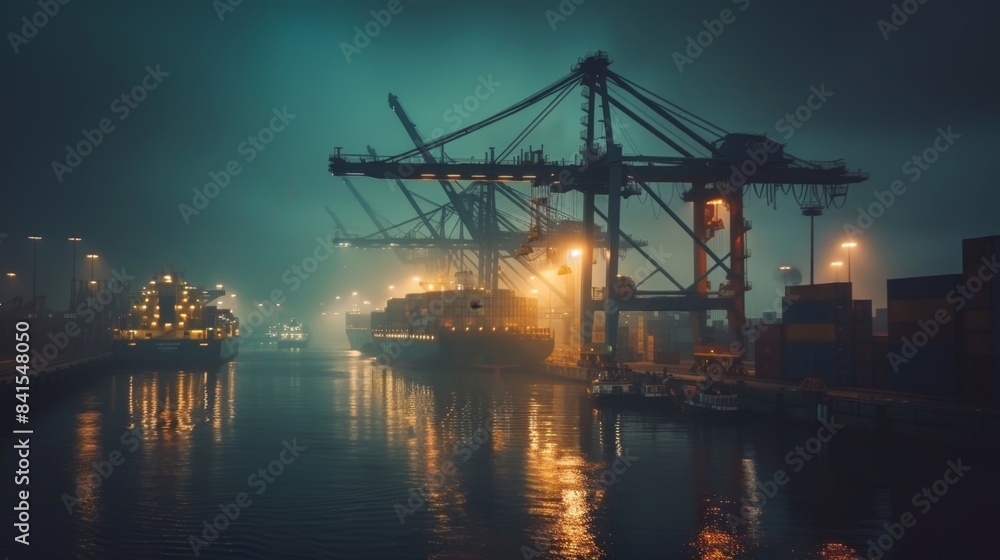 Nighttime Maritime Shipping Yard with Illuminated Container Ships and Cargo Cranes in Dense Fog - Industrial Logistics Scene Nighttime Maritime Shipping Yard with Illuminated Container Ships and Cargo Cranes in Dense Fog - Industrial Logistics Scene
