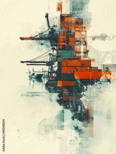 A large orange ship is in the water next to a large white building. The ship is surrounded by many other ships and containers. The scene is busy and bustling © auttawit