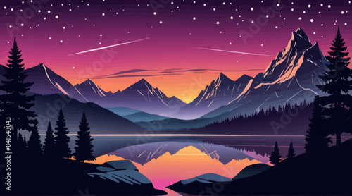 a night scene with mountains and a lake