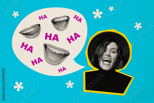 Collage 3d pinup pop retro sketch image of happy funny lady laughing hahaha isolated blue color background photo