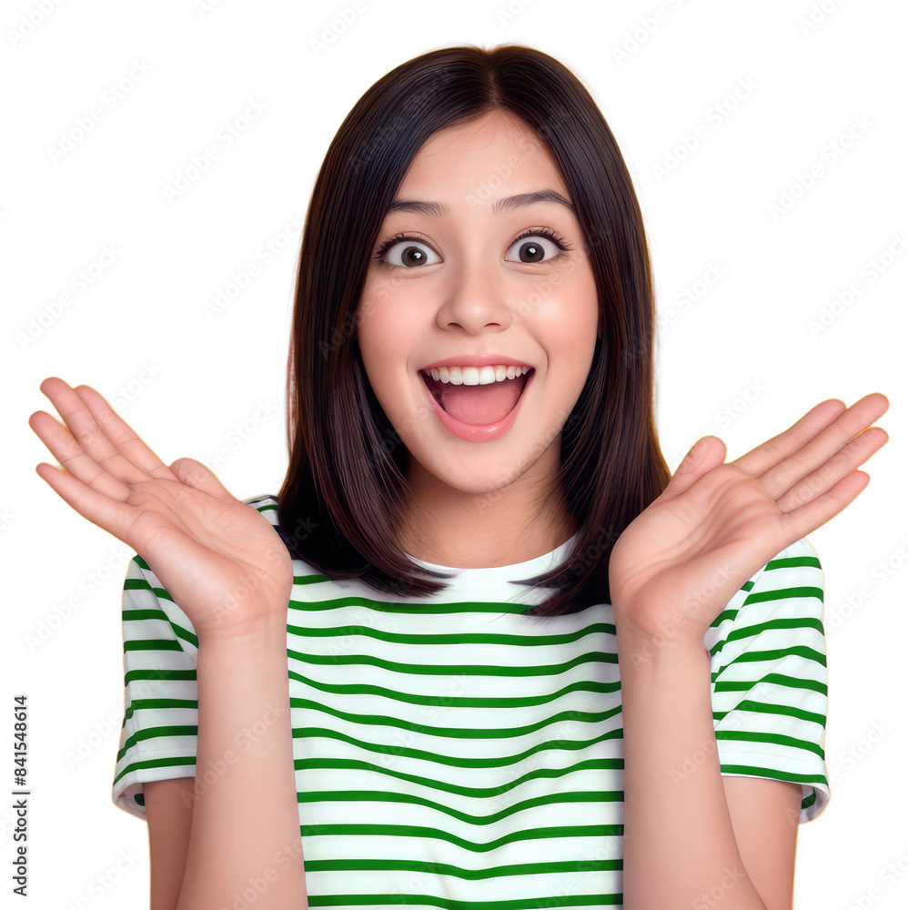 PNG isolated on transparent background. Portrait of a young woman in striped shirt with amazed surprised baffled shocked happy expression on her face. PNG isolated on transparent background. Portrait of a young woman in striped shirt with amazed surprised baffled shocked happy expression on her face.