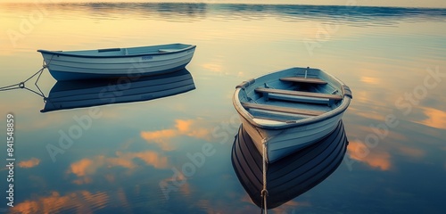 A pair of small, empty rowboats tethered together on a peaceful lake at dawn, symbolizing the journey of friendship that awaits, filled with shared experiences and explorations. photo