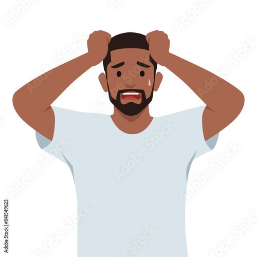 Young man Anxious young man feel distressed worried suffer from panic attack or anxiety. Flat vector illustration isolated on white background