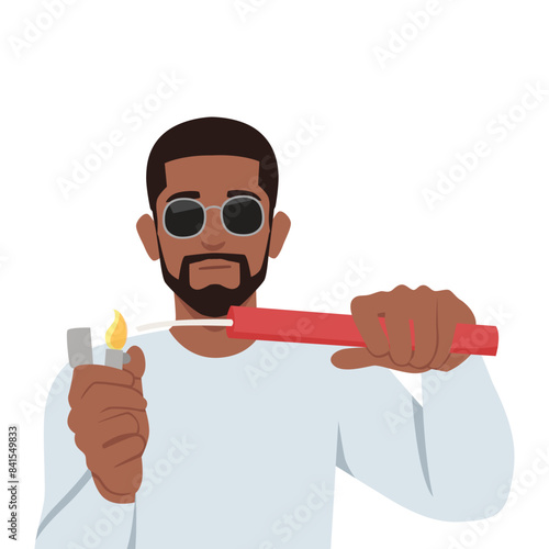 Bearded businessman holding dynamite lighter and smiling wearing sunglasses. Flat vector illustration isolated on white background