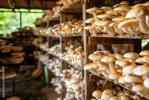 Rows of mushrooms growing indoors on wooden shelves, showcasing an efficient and sustainable fungiculture practice