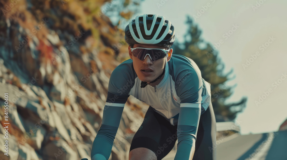 Male cyclist in sportswear riding bike on scenic mountain road Male cyclist in sportswear riding bike on scenic mountain road