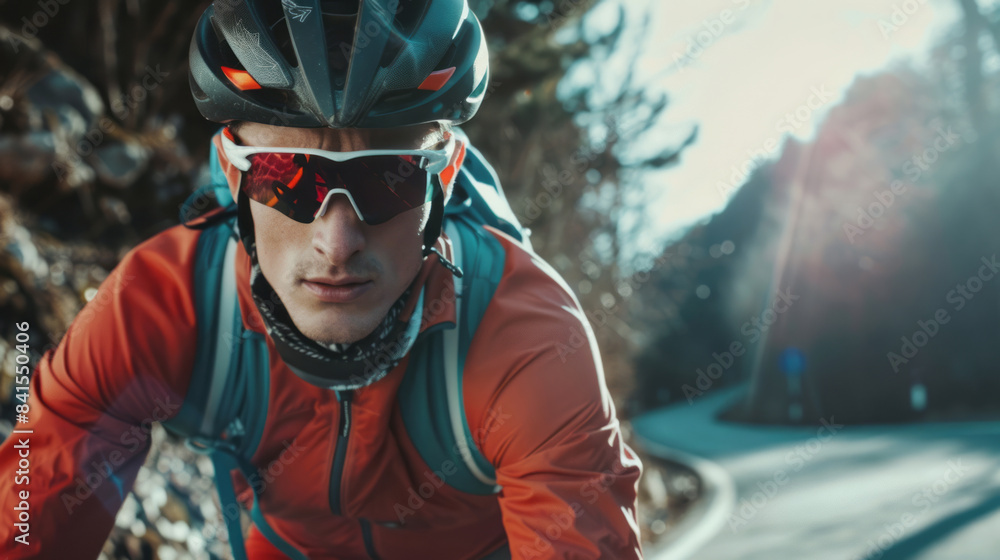 Focused male cyclist in sportswear riding on a scenic road Focused male cyclist in sportswear riding on a scenic road