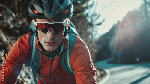 Focused male cyclist in sportswear riding on a scenic road