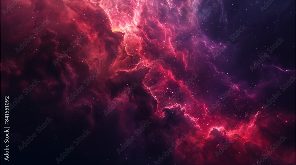 A photograph of space captures a nebula in stunning red and purple tones.