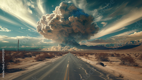 an atomic cloud is rising over a desert road photo