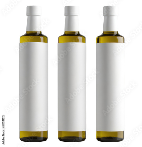 PNG isolated on transparent background. Glass bottles of olive oil with empty, blank label, white sticker area for brand logo.  photo