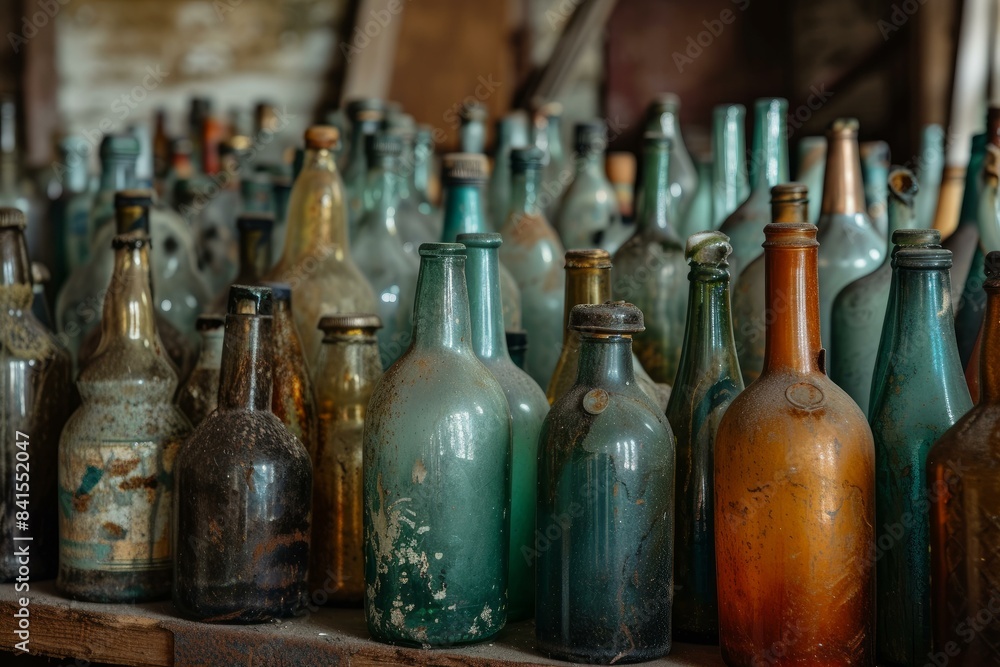 Variety of old, dusty glass bottles in diverse colors displayed on a rustic shelf Variety of old, dusty glass bottles in diverse colors displayed on a rustic shelf