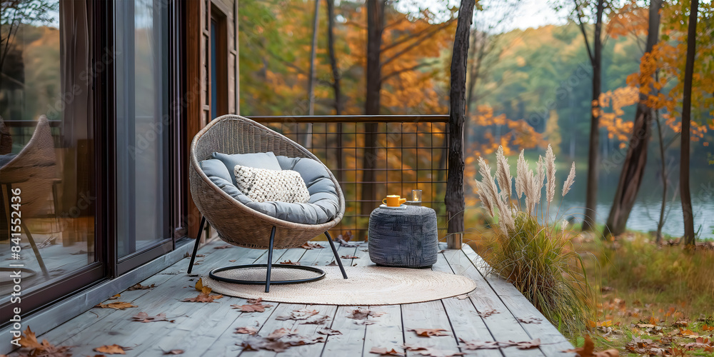 Obraz premium A comfortable cozy armchair on the porch of a modern glamping, outdoor recreation with all amenities. Taking care of nature and ecology.