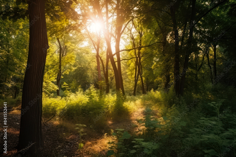 Fototapeta premium Picturesque summer forest landscape. Sun shining through the leaves of the trees. Generative AI