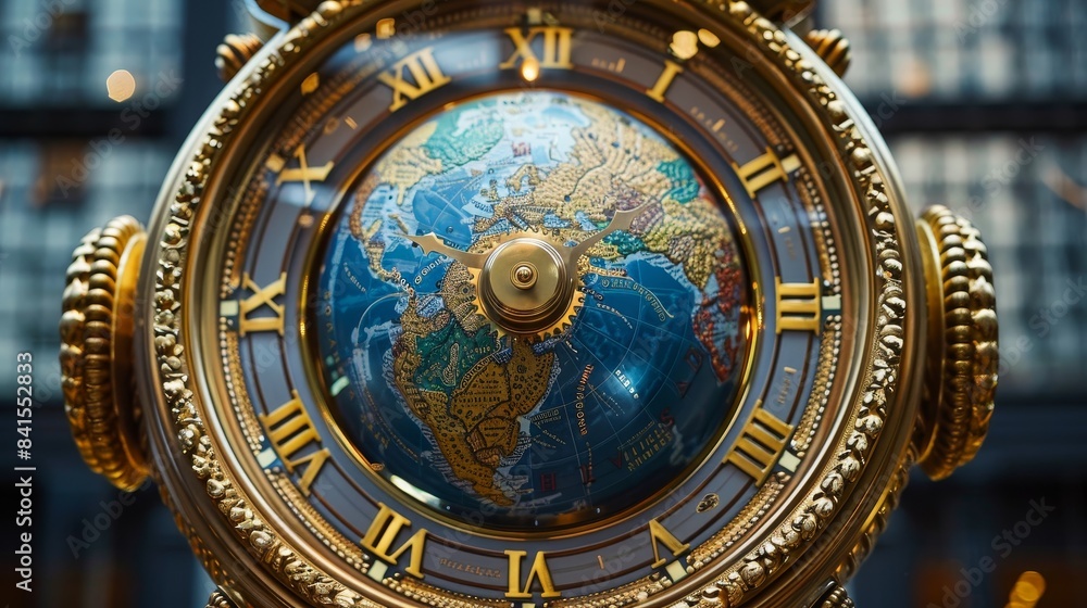Fototapeta premium A globe integrated into a clock face, showing different time zones, emphasizing the idea of a global community.