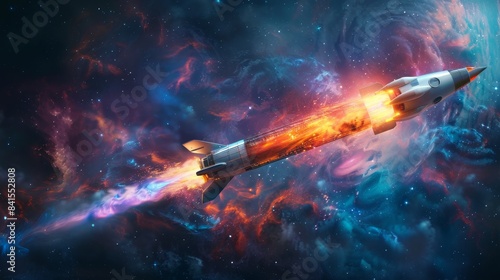 A futuristic, sleek rocket blasting off into space, leaving a trail of colorful exhaust behind. photo