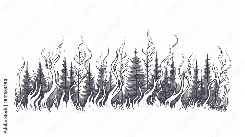 Naklejka premium Minimalist Line Art Illustration of Forest Fire - Elegant Black and White Design