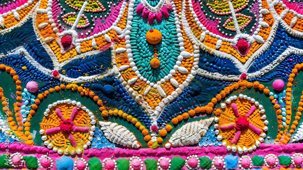 Fototapeta premium Vibrant, detailed texture pattern made from colorful grains forms an intricate traditional design.