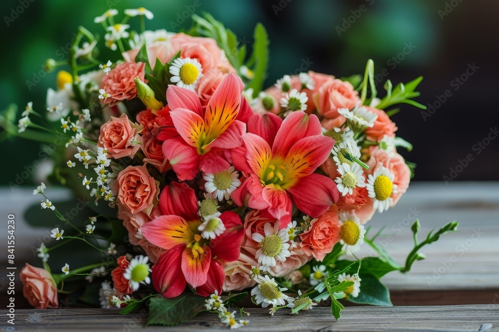 Stunning bouquet of mixed flowers beautifully arranged, resting on a wooden table Stunning bouquet of mixed flowers beautifully arranged, resting on a wooden table