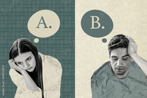 Composite photo collage of two unhappy girl guy conversation quarrel misunderstanding breakup concept isolated on painted background