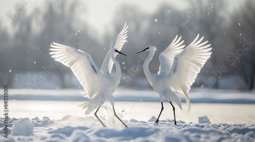 Snowy dance in nature. Courtship of beautiful large white birds in snow. Generative Ai photo
