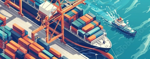 A large cargo ship is docked at a port, with a smaller boat in the water behind it. Concept of industry and commerce, as well as the vastness of the ocean