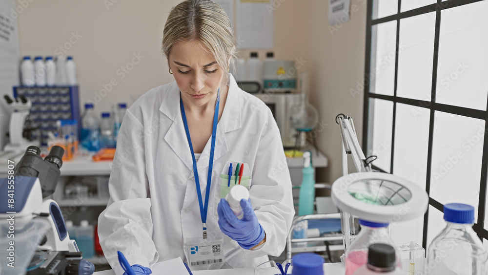 Focused woman scientist analyzing samples in laboratory setting, exemplifying healthcare and research themes.