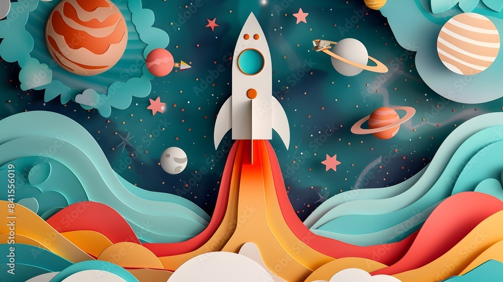 Minimalist Layered Paper Cut Rocket Launch in Galactic Space Background Minimalist Layered Paper Cut Rocket Launch in Galactic Space Background