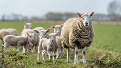 Texel sheep and little lambs. Generative Ai photo