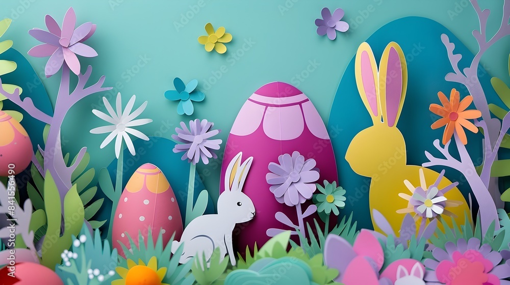 Minimalist Paper Cut Easter Eggs and Bunnies in Spring Floral Scene Minimalist Paper Cut Easter Eggs and Bunnies in Spring Floral Scene