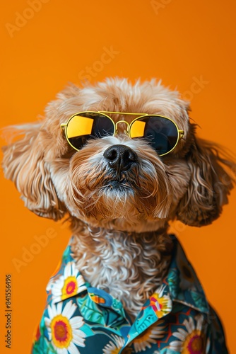 Dog wearing daisy sunglasses and shirt, bright orange background, playful and cheerful © Creative_Bringer