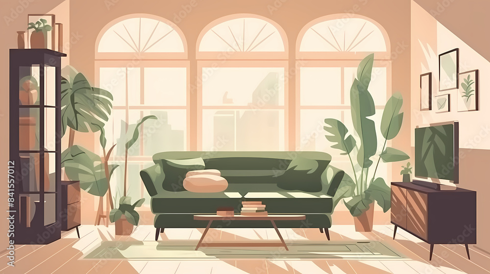 Living room interior. Comfortable sofa, window, chair and house plants. Paper cut style