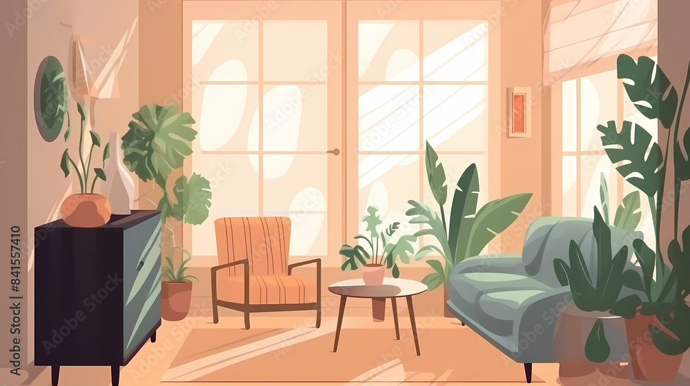 Living room interior. Comfortable sofa, window, chair and house plants. Paper cut style Living room interior. Comfortable sofa, window, chair and house plants. Paper cut style