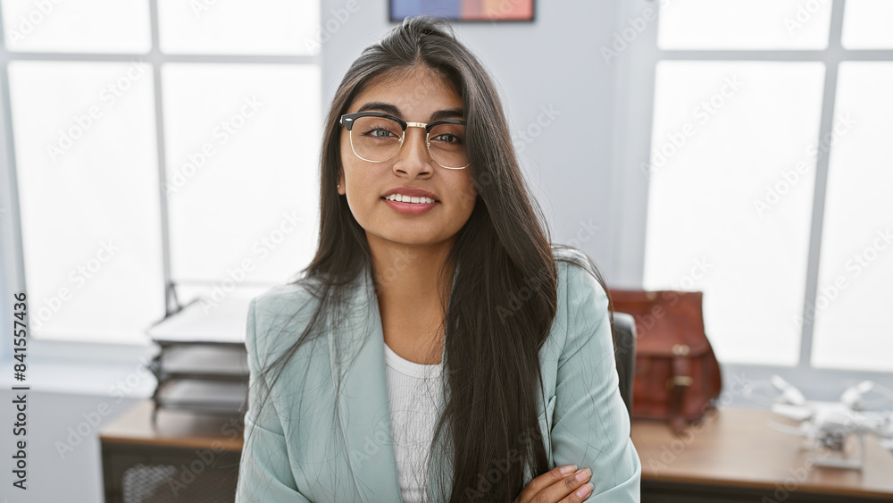A professional indian woman with long hair and glasses posing in a modern office setting. A professional indian woman with long hair and glasses posing in a modern office setting.