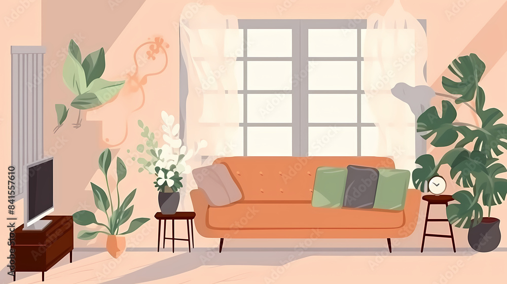 custom made wallpaper toronto digitalLiving room interior. Comfortable sofa, window, chair and house plants. Paper cut style