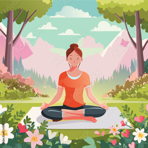 Woman doing yoga exercise, meditation in a lotus pose on summer day at nature. Vector illustration a