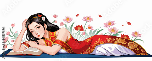 a woman in a red dress laying on a blue mat reading a book