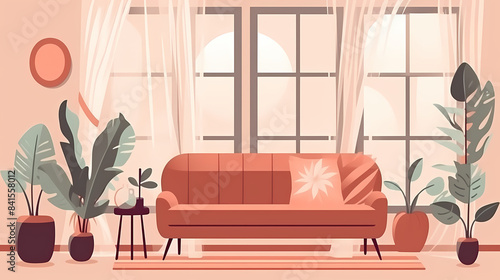 Wallpaper Mural Living room interior. Comfortable sofa, window, chair and house plants. Paper cut style Torontodigital.ca