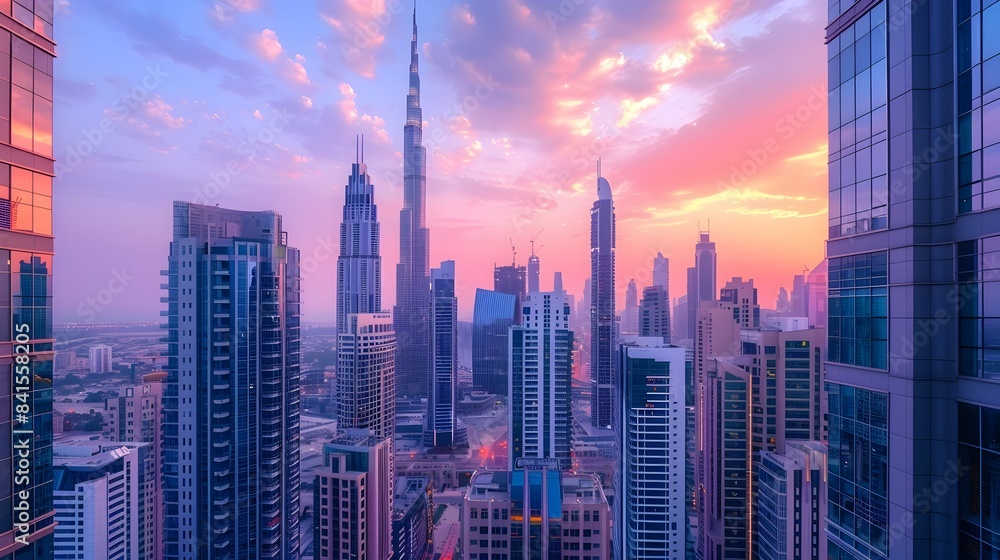 Fototapeta premium Awe Inspiring Cityscape with Pastel Hued Evening Sky Majestic Urban Landscape