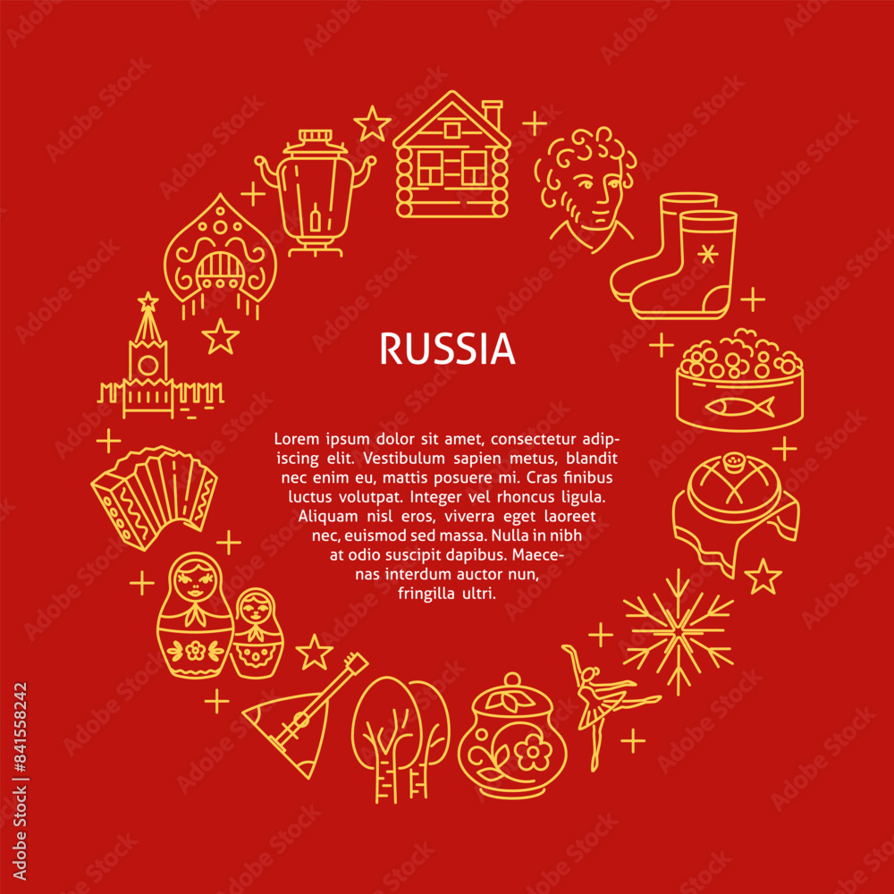 Fototapeta premium Round poster with Russian traditional symbols and place for text. Vector illustration.
