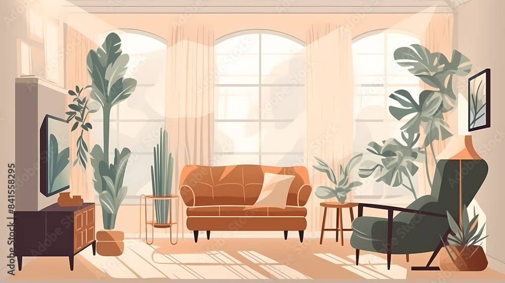 Living room interior. Comfortable sofa, window, chair and house plants. Paper cut style Living room interior. Comfortable sofa, window, chair and house plants. Paper cut style