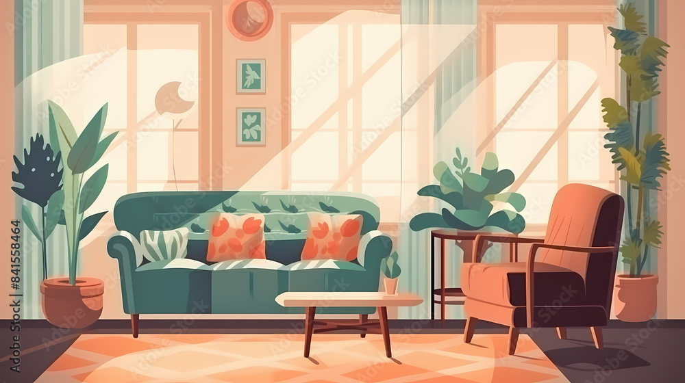 Fototapeta premium Living room interior. Comfortable sofa, window, chair and house plants. Paper cut style