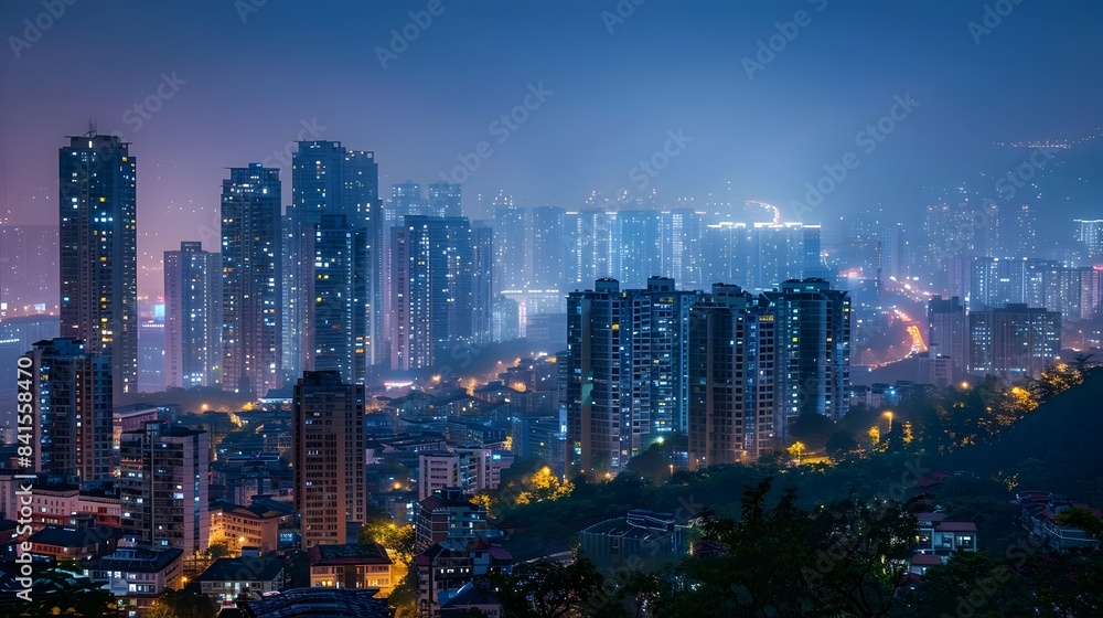 Fototapeta premium Dazzling Cityscape at Night Towering Skyscrapers Lit Up in a Lively Metropolis