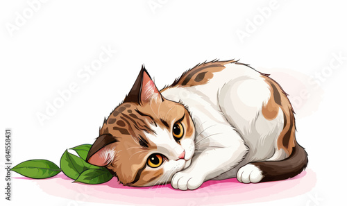 a brown and white cat laying on top of a green leaf