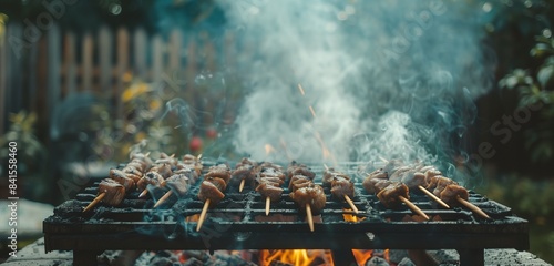 Skewers turning on a barbecue grill, smoke wafting upwards. photo