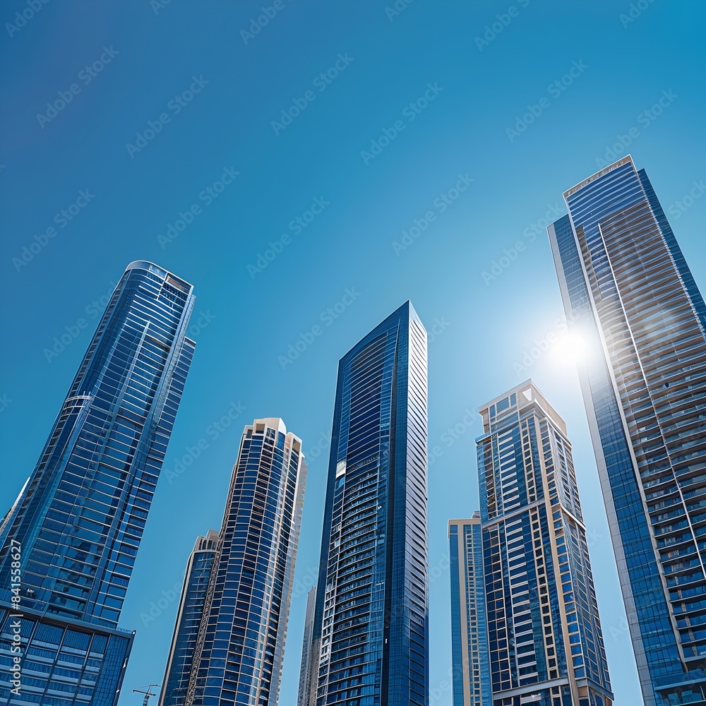 Sleek modern high rise buildings against a clear blue sky in the city showcasing the impressive architecture and bright sunlight Sleek modern high rise buildings against a clear blue sky in the city showcasing the impressive architecture and bright sunlight