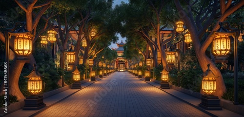A panoramic view of a pathway lined with trees, each bearing lanterns inscribed with team members' names, leading towards a brightly lit, , representing the path of teamwork leading to success. photo