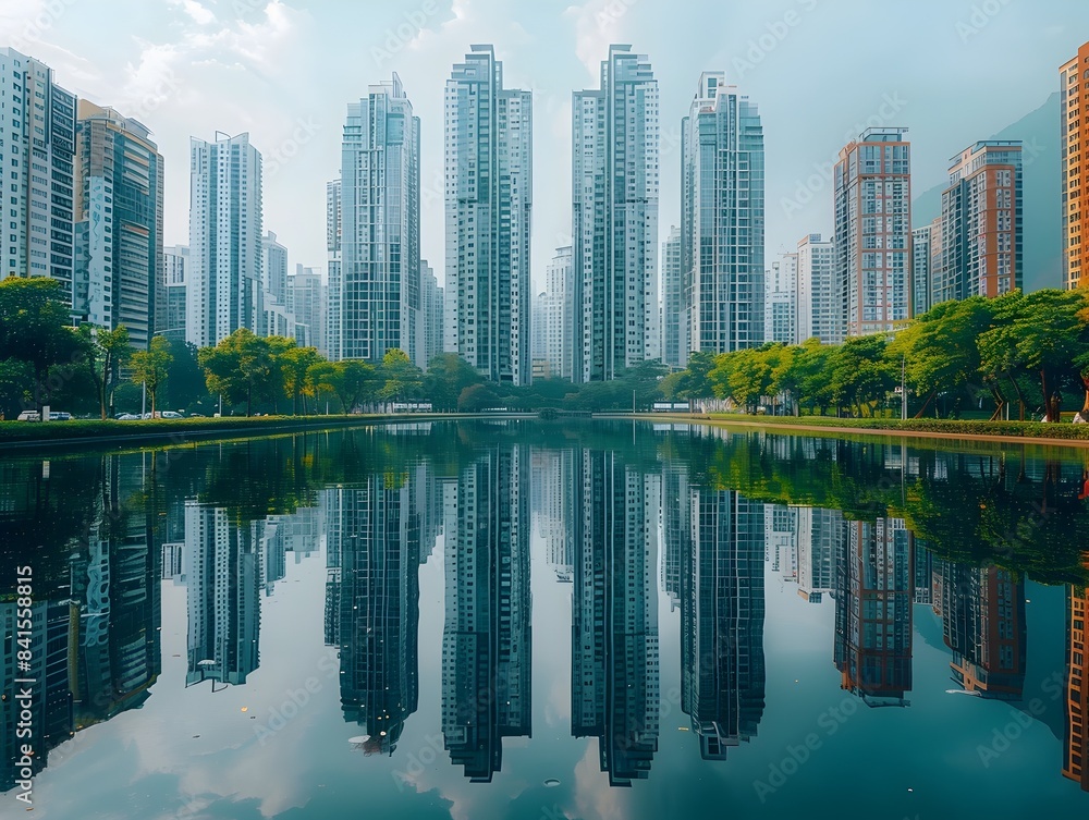 Fototapeta premium Tranquil Reflection of Skyscrapers in Serene Urban Landscape with Mirrored Waterfront